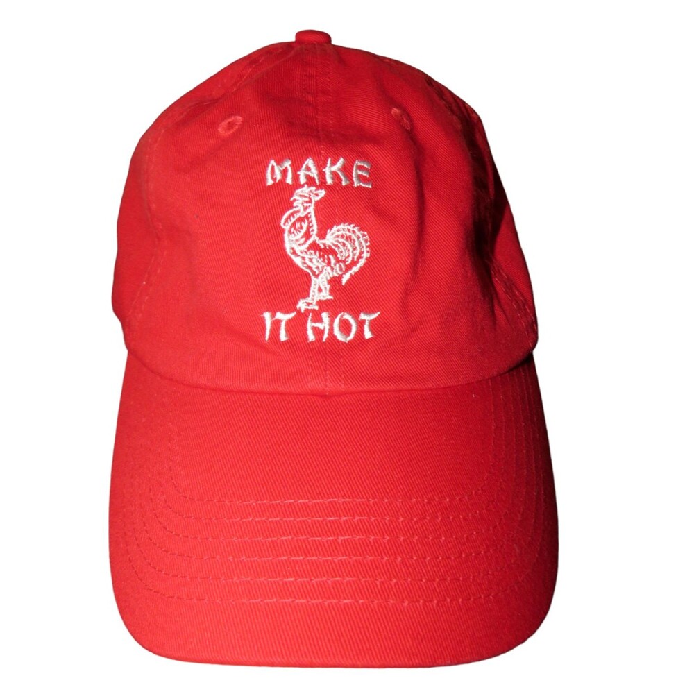 Petals and Peacocks Red Rooster Make it Hot Sriracha Baseball Cap NWOT